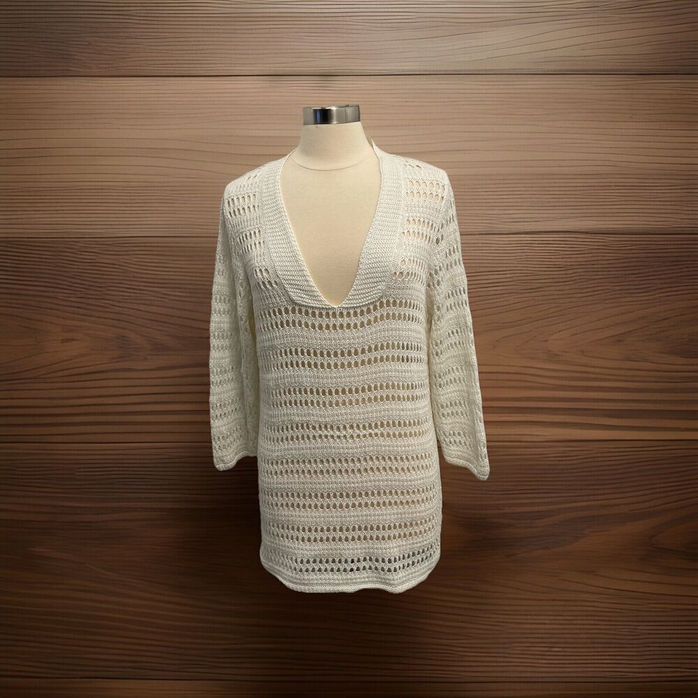 Chico's Crochet Linen Cotton Top V Neck Beach Boho Women 2 Large White Cruise